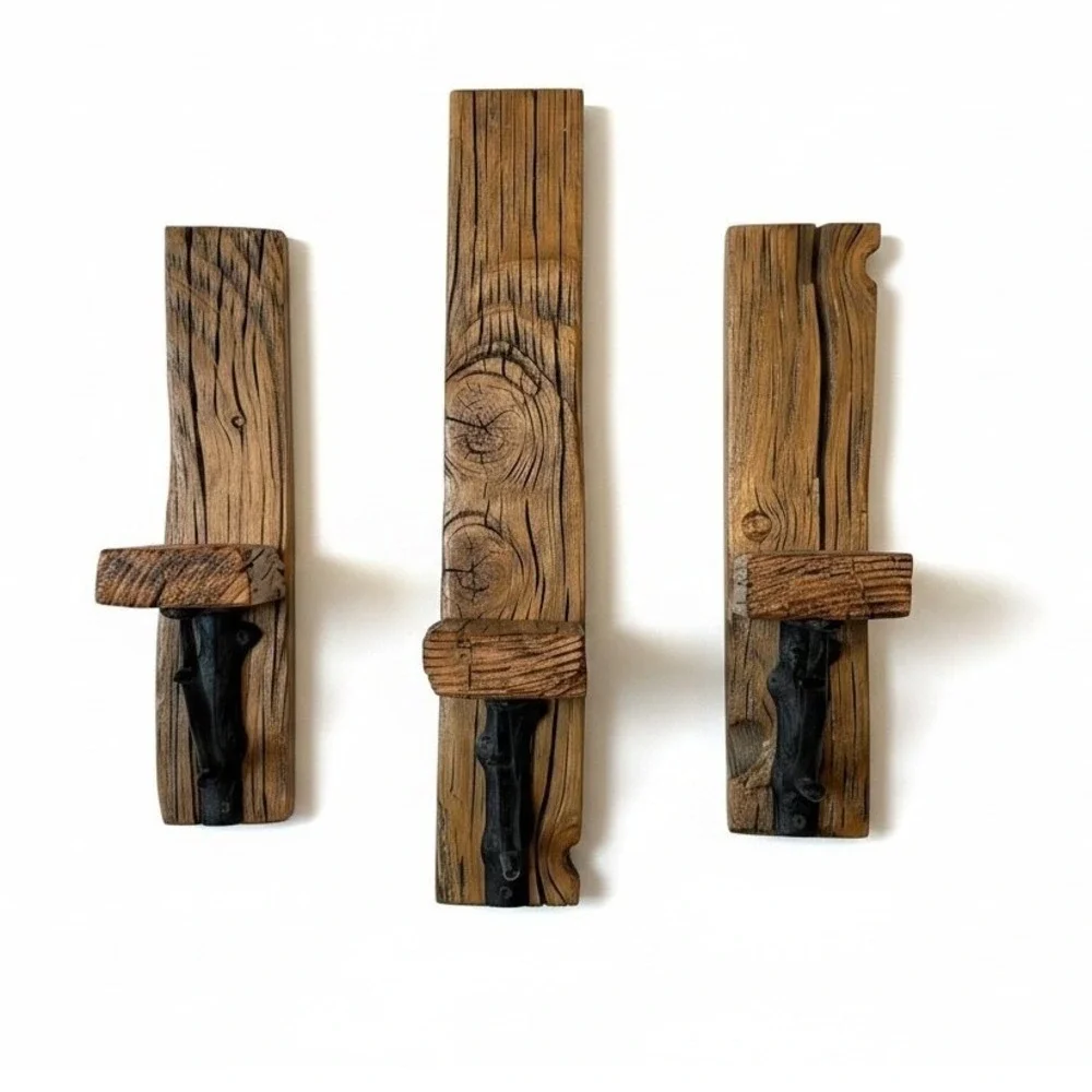 Rustic Reclaimed Wood Wall Sconce Set 3pc Floating Shelf Cast Iron‎ Branch Brown
